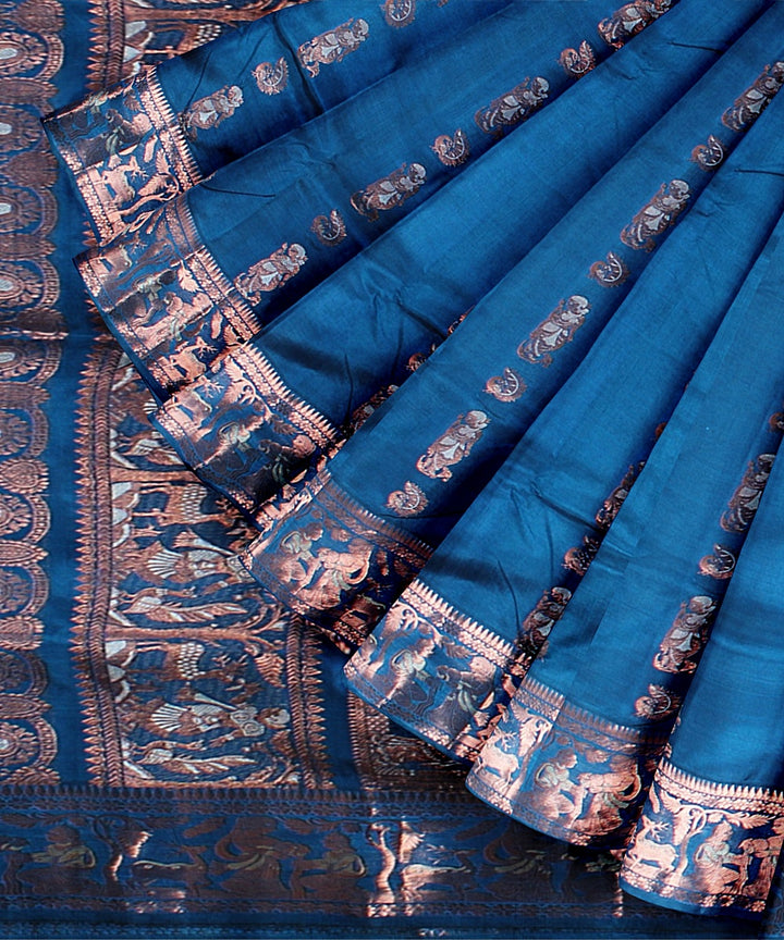 Peacock blue handwoven silk baluchari saree