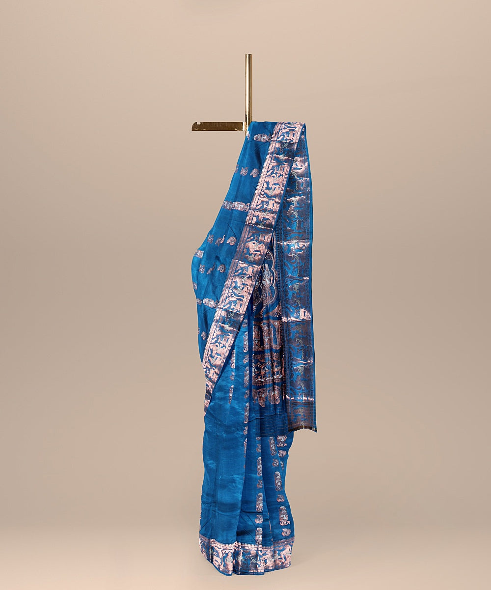 Peacock blue handwoven silk baluchari saree