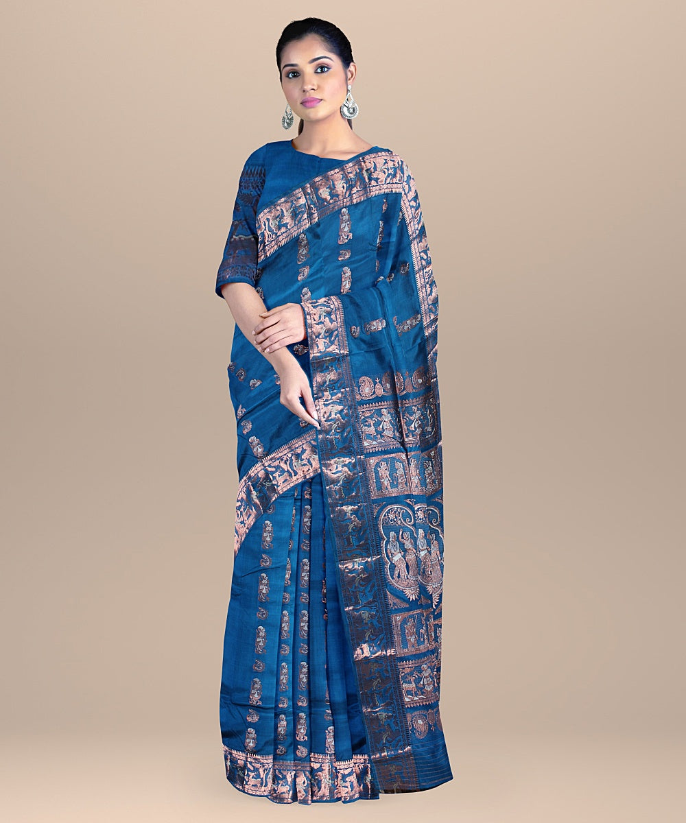 Peacock blue handwoven silk baluchari saree