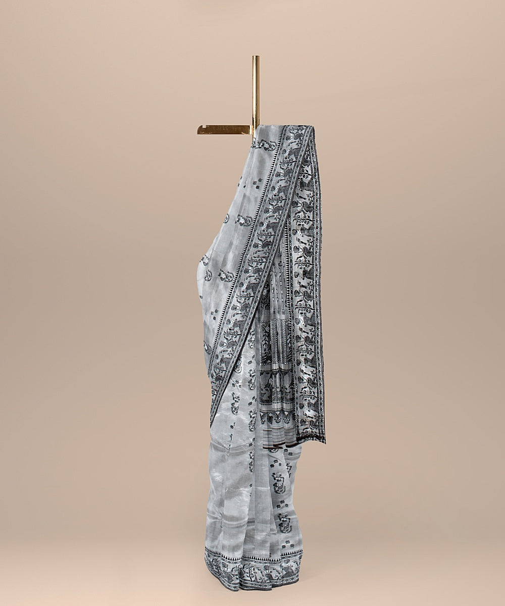 Steel grey handwoven baluchari silk saree