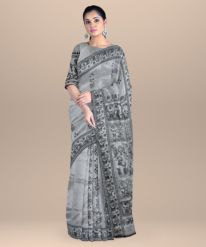 Steel grey handwoven baluchari silk saree