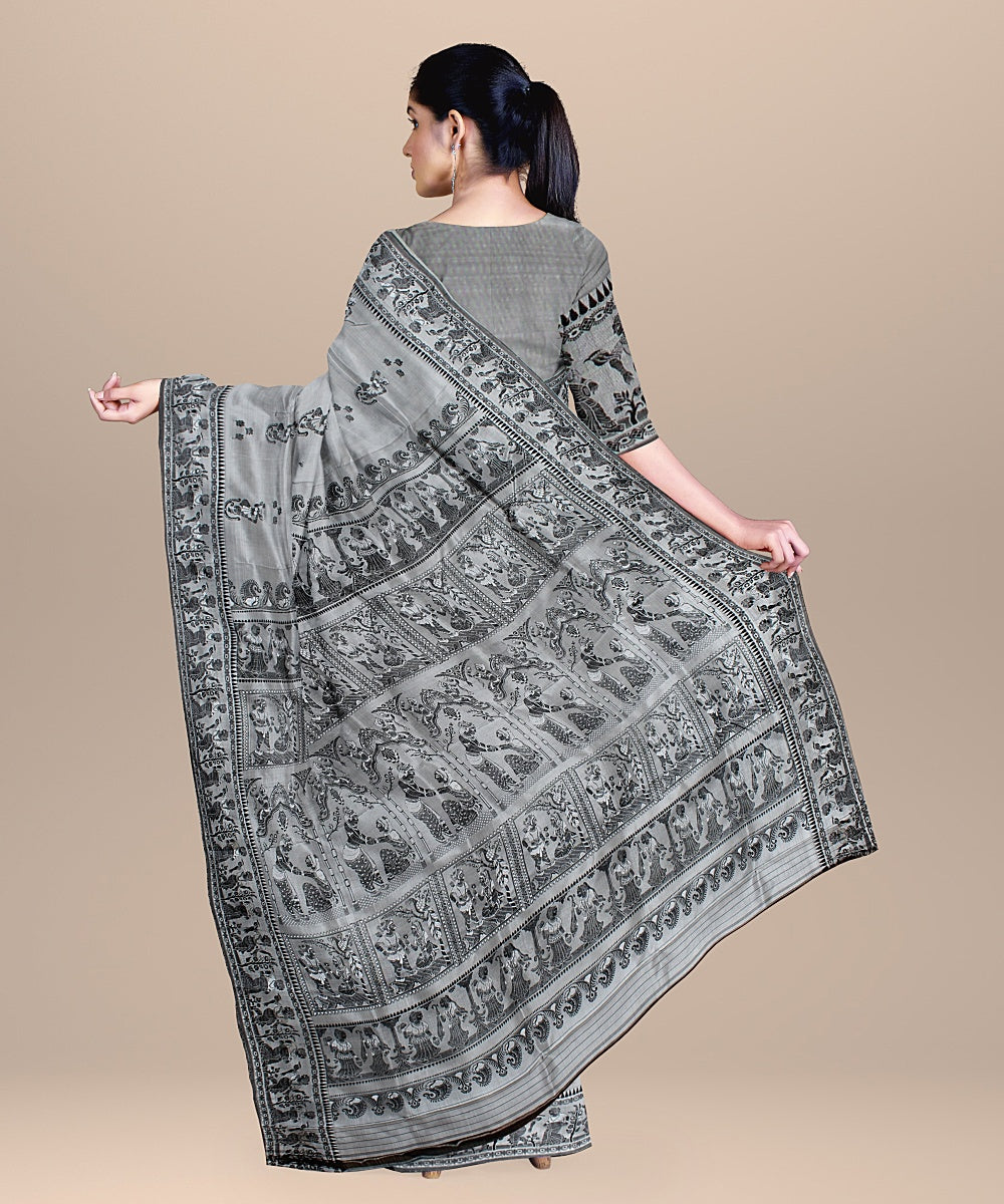 Steel grey handwoven baluchari silk saree