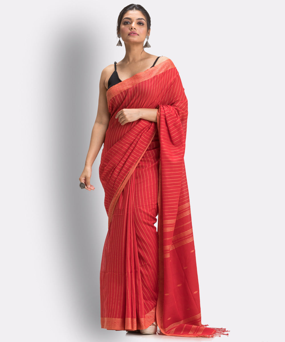 Fire red handwoven cotton bengal saree