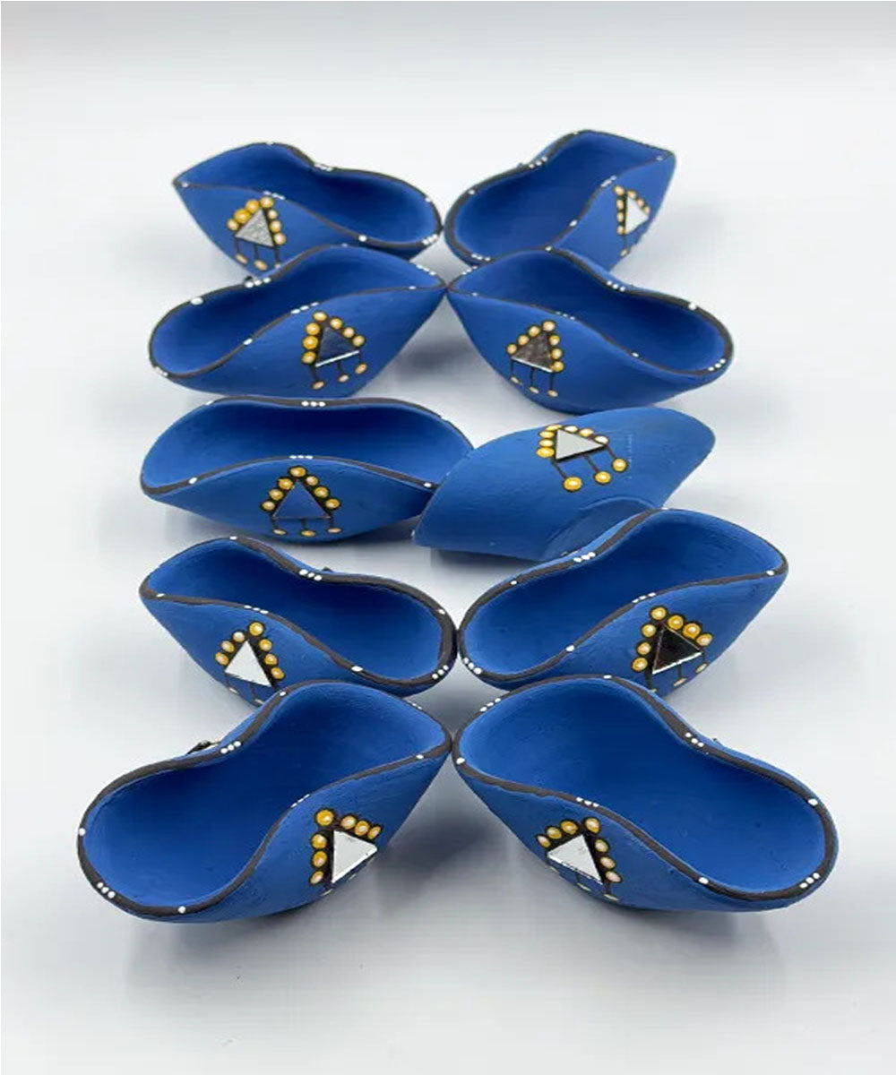 Navy Blue handcrafted decor terracotta chapti diya- Set of 10