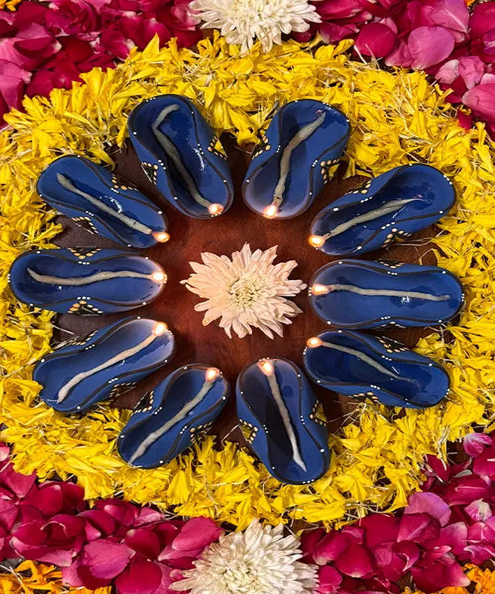 Navy Blue handcrafted decor terracotta chapti diya- Set of 10
