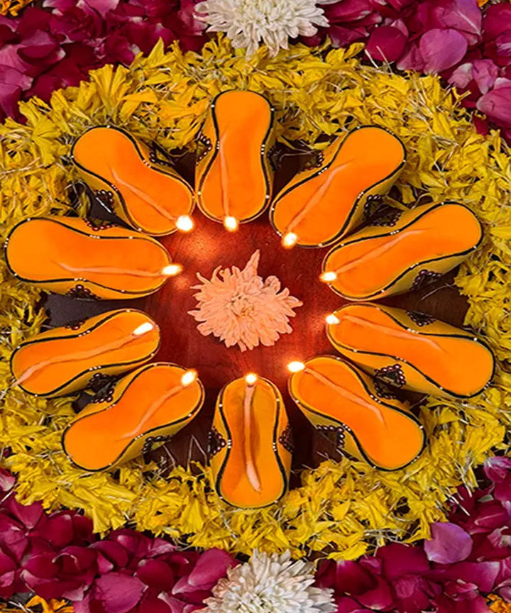Yellow handcrafted decor terracotta chapti diya- Set of 10