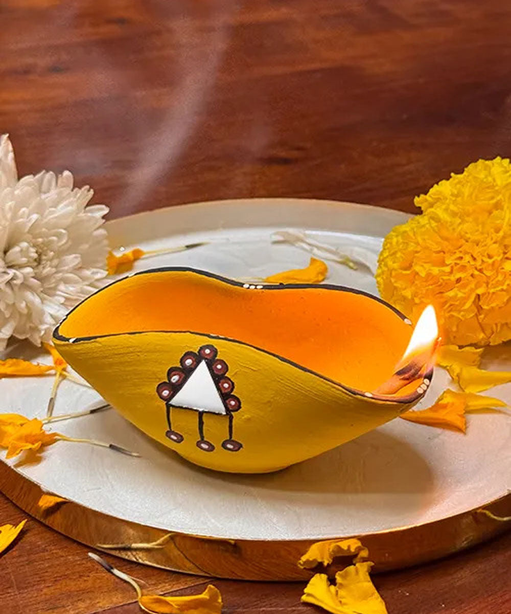 Yellow handcrafted decor terracotta chapti diya- Set of 10