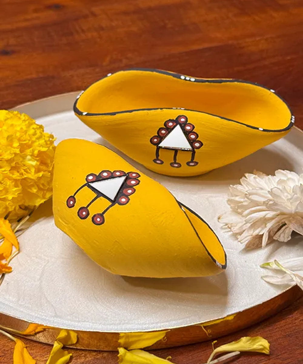 Yellow handcrafted decor terracotta chapti diya- Set of 10