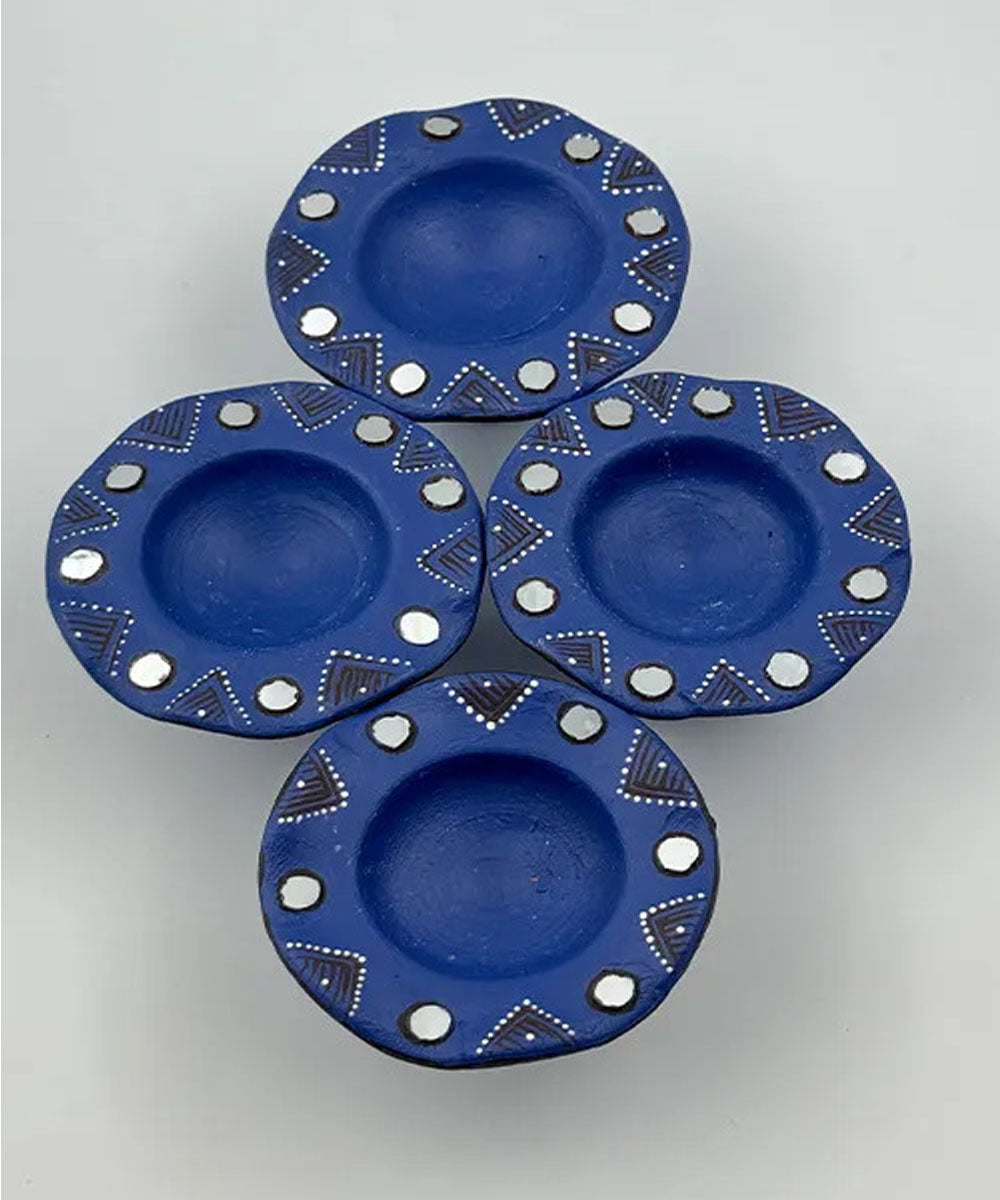 Navy Blue handcrafted decor terracotta flower diya- Set of 6