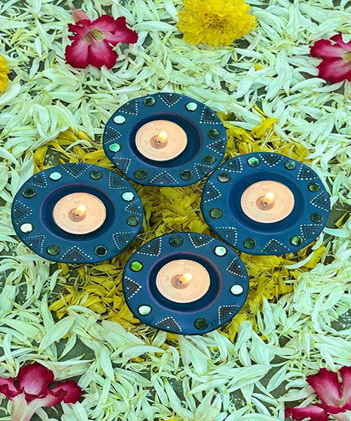 Navy Blue handcrafted decor terracotta flower diya- Set of 6