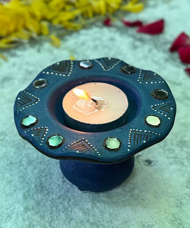 Navy Blue handcrafted decor terracotta flower diya- Set of 6
