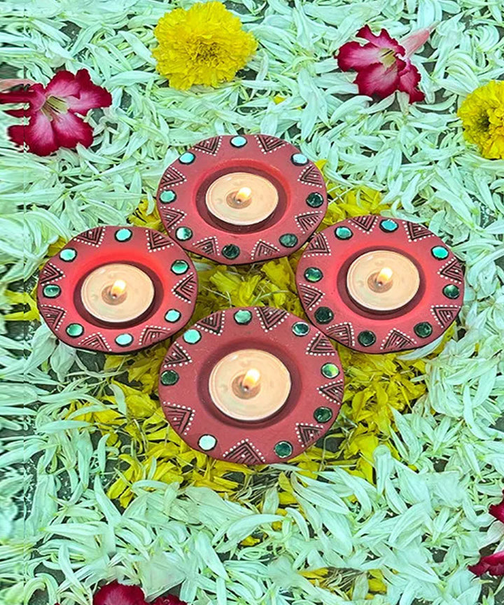 Red handcrafted decor terracotta flower diya- Set of 6
