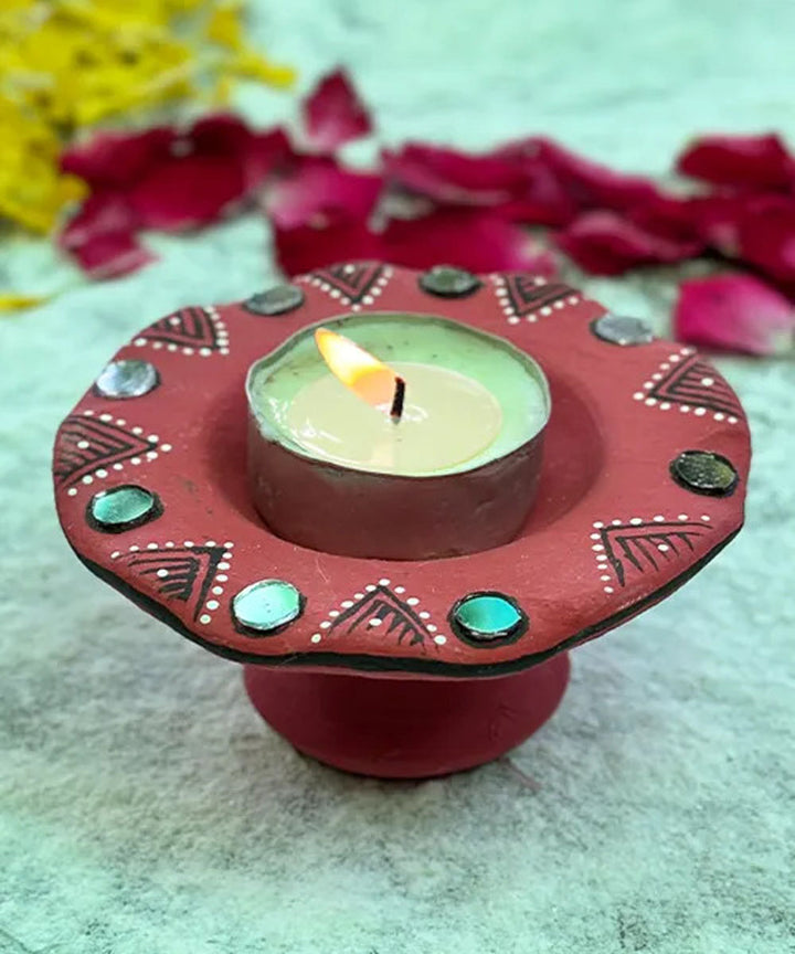 Red handcrafted decor terracotta flower diya- Set of 6