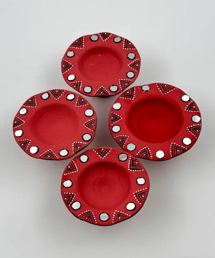 Red handcrafted decor terracotta flower diya- Set of 6