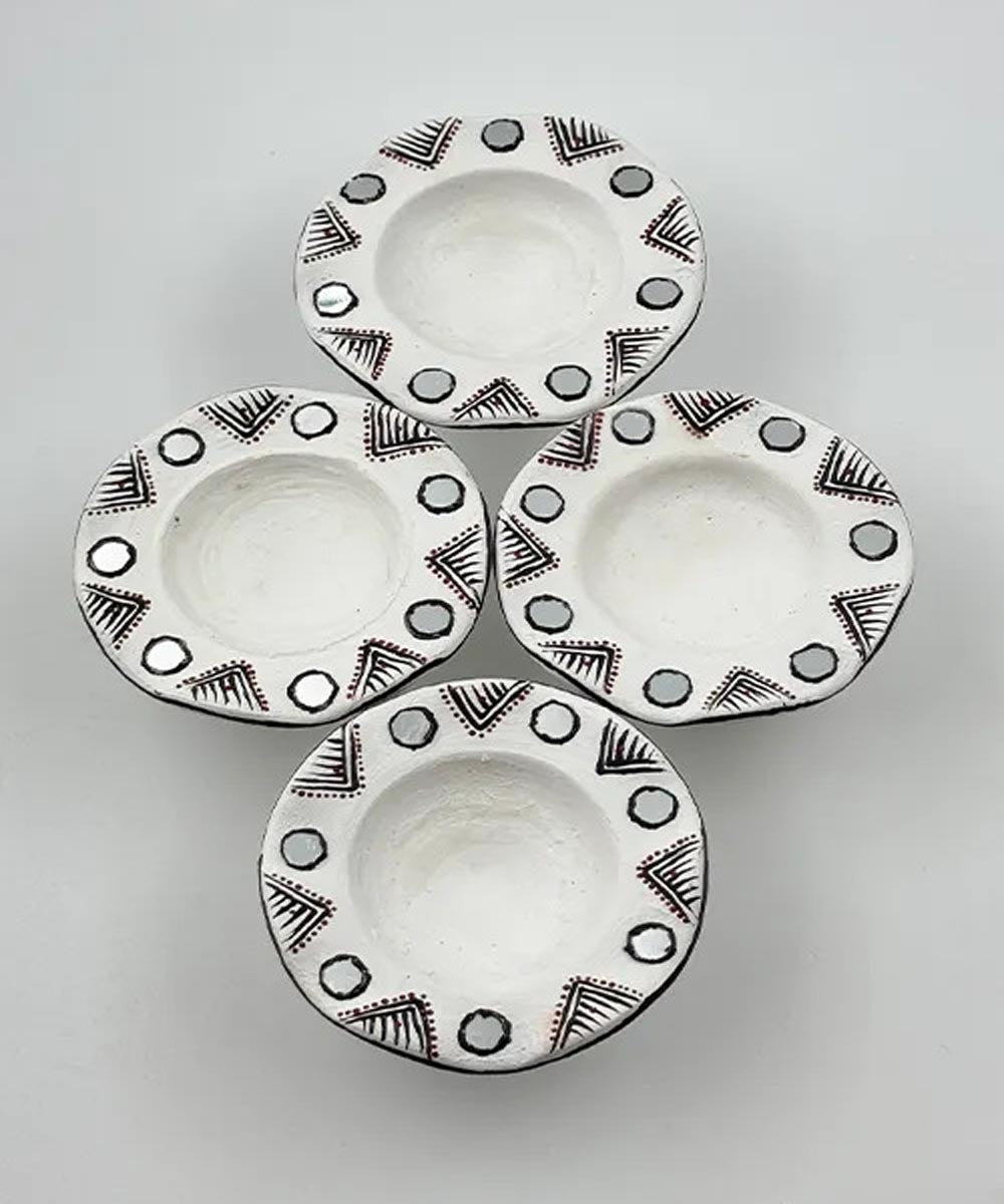 White handcrafted decor terracotta flower diya- Set of 6