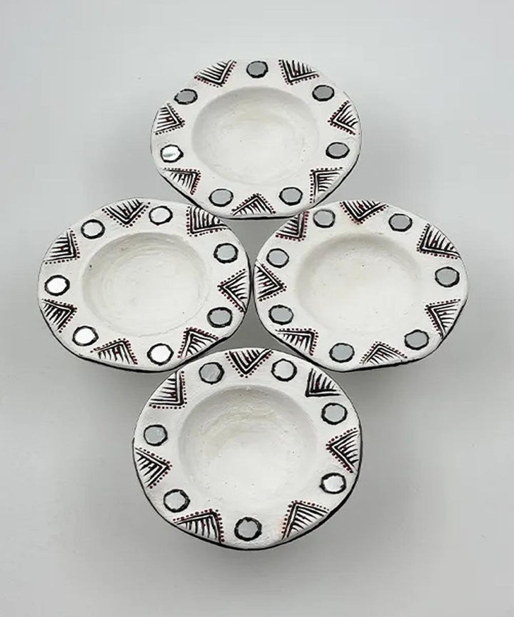 White handcrafted decor terracotta flower diya- Set of 6