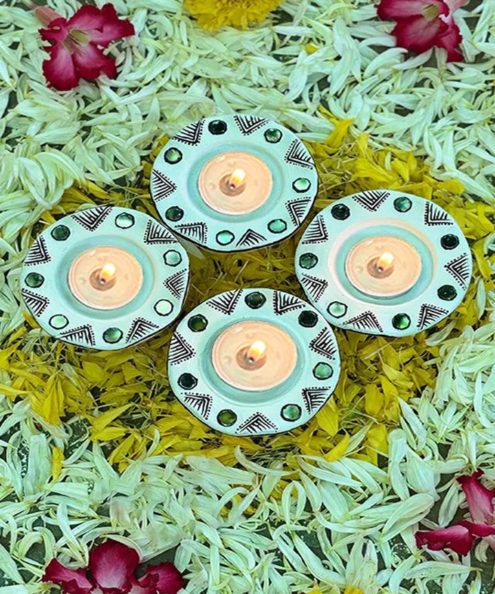 White handcrafted decor terracotta flower diya- Set of 6