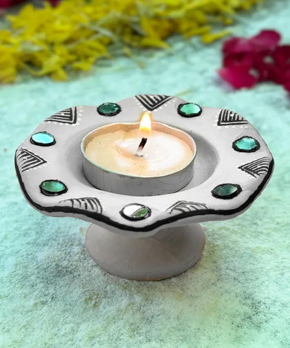 White handcrafted decor terracotta flower diya- Set of 6