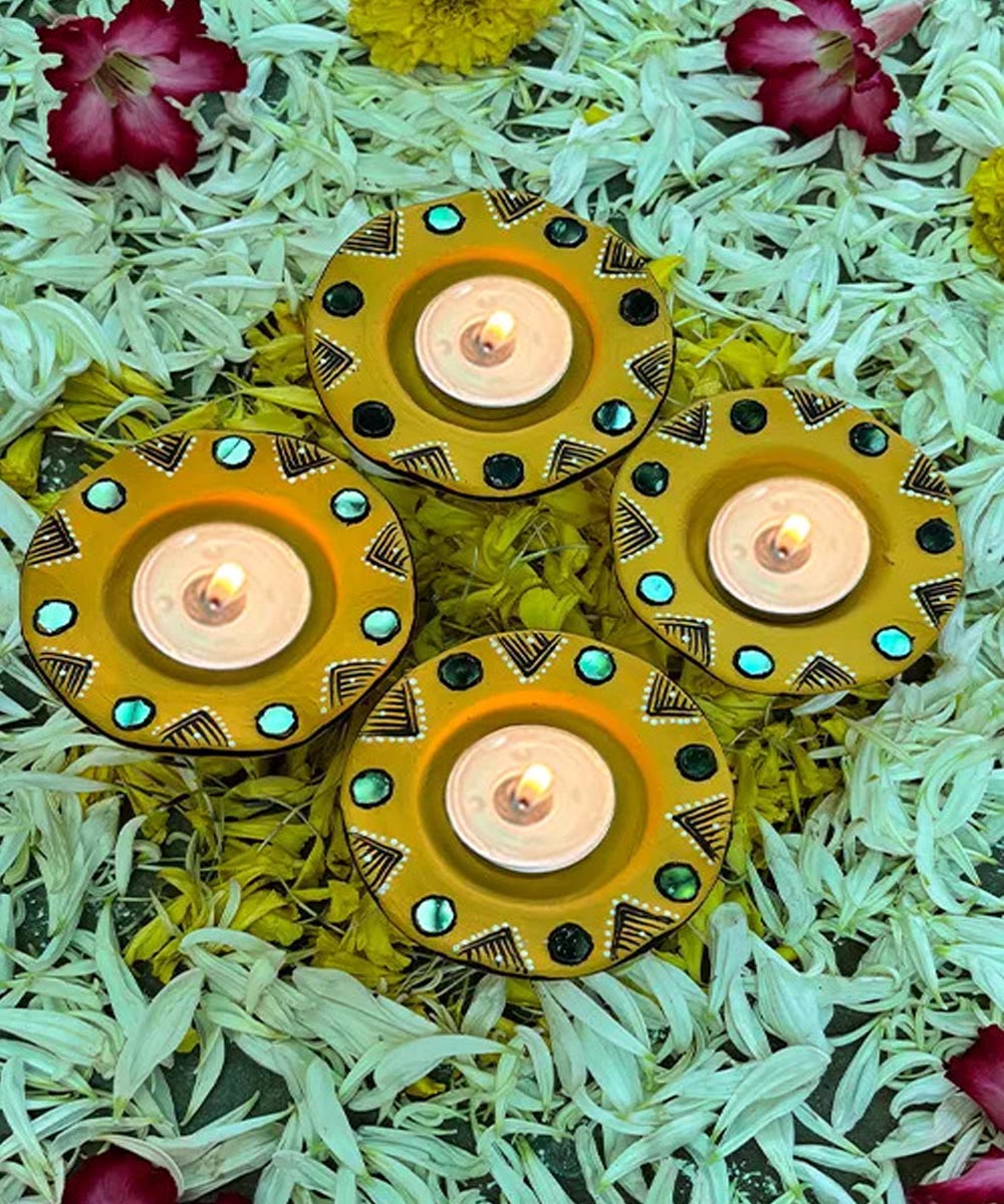 Yellow handcrafted decor terracotta flower diya- Set of 6