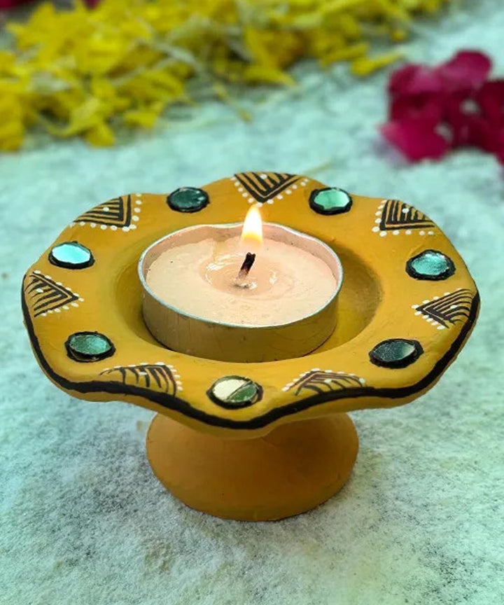 Yellow handcrafted decor terracotta flower diya- Set of 6