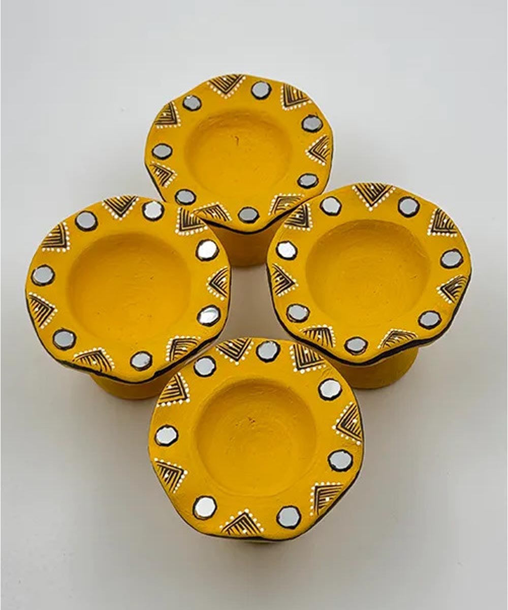 Yellow handcrafted decor terracotta flower diya- Set of 6