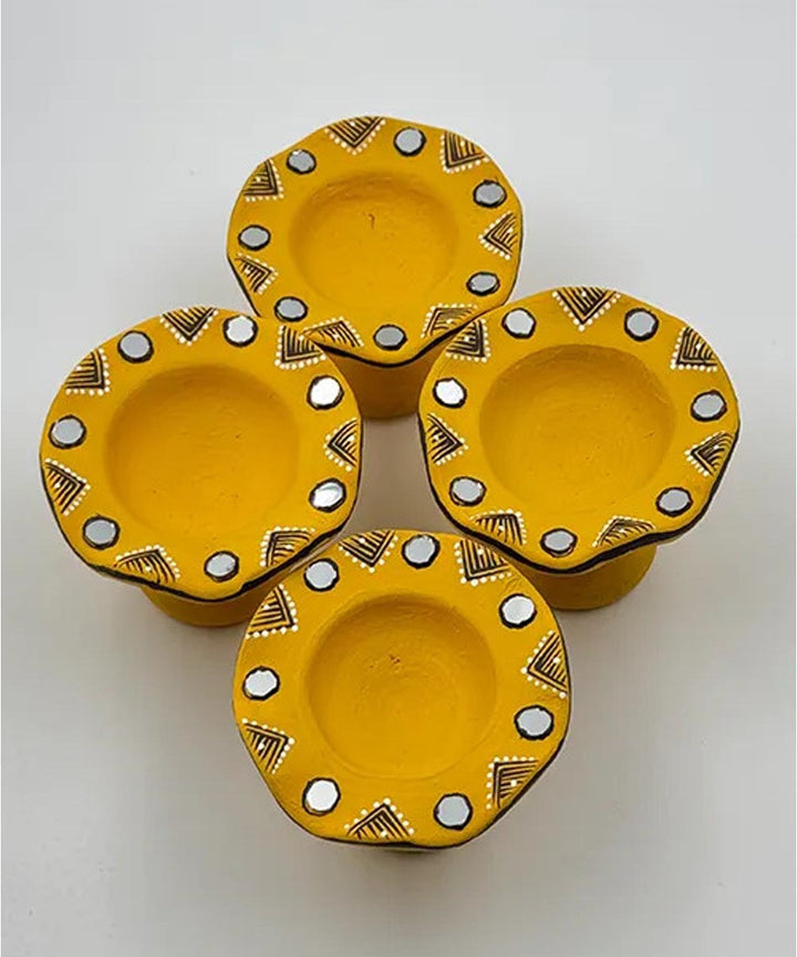 Yellow handcrafted decor terracotta flower diya- Set of 6
