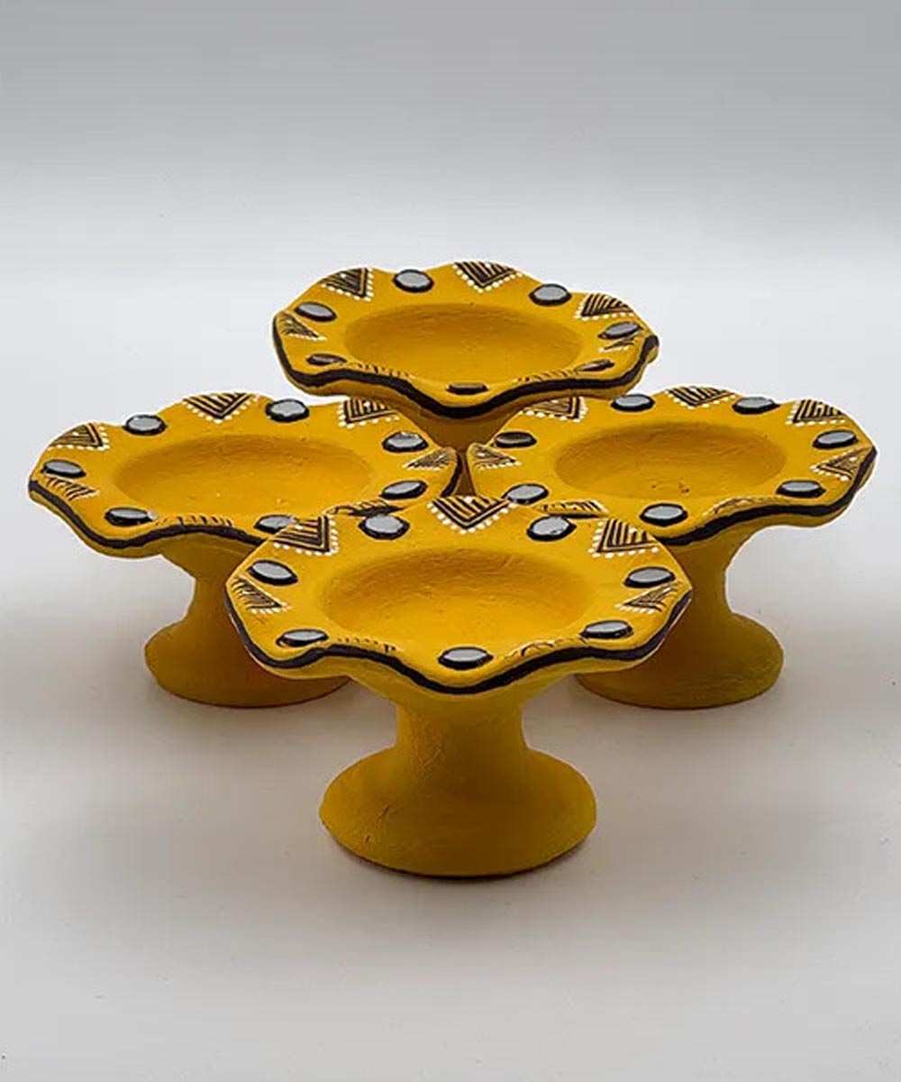 Yellow handcrafted decor terracotta flower diya- Set of 6
