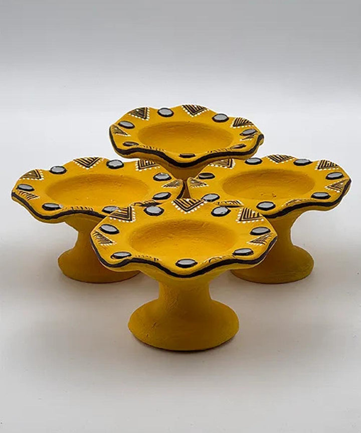 Yellow handcrafted decor terracotta flower diya- Set of 6