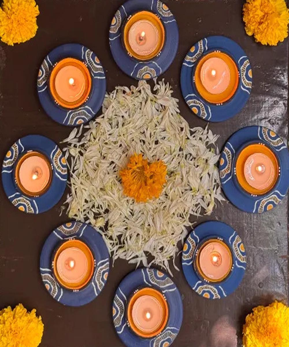 Navy Blue handcrafted decor terracotta disc diya- Set of 8