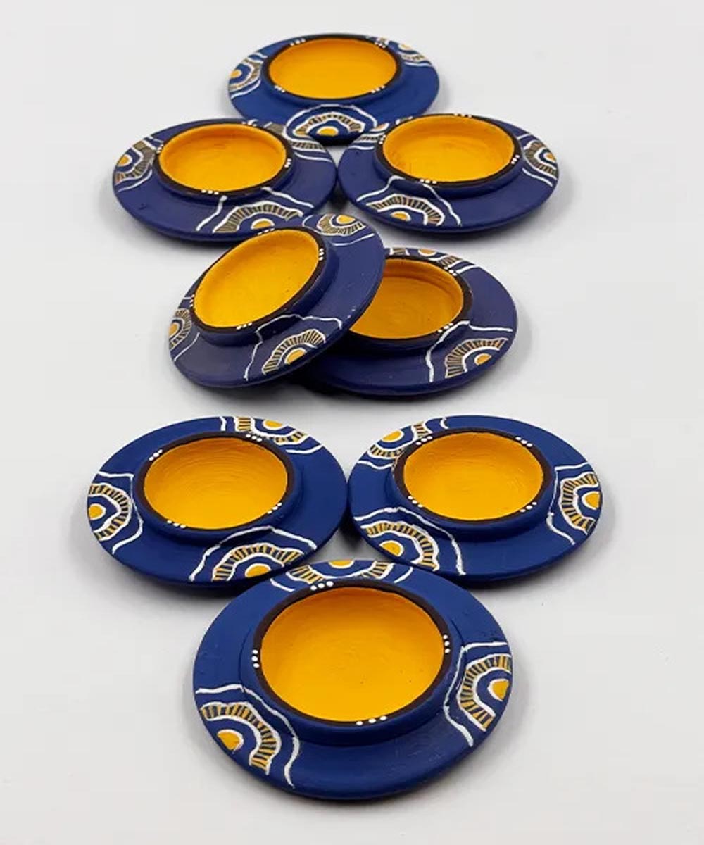 Navy Blue handcrafted decor terracotta disc diya- Set of 8