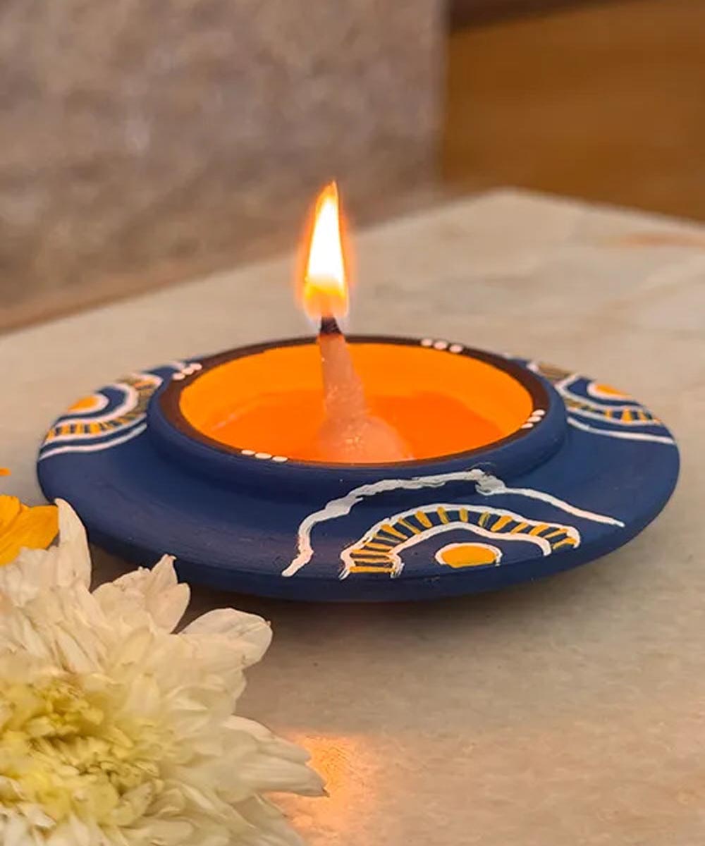 Navy Blue handcrafted decor terracotta disc diya- Set of 8
