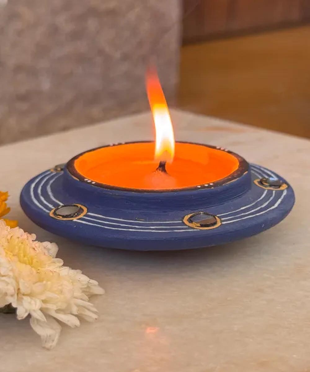 Sky Blue handcrafted decor terracotta disc diya- Set of 8