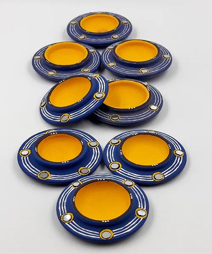 Sky Blue handcrafted decor terracotta disc diya- Set of 8