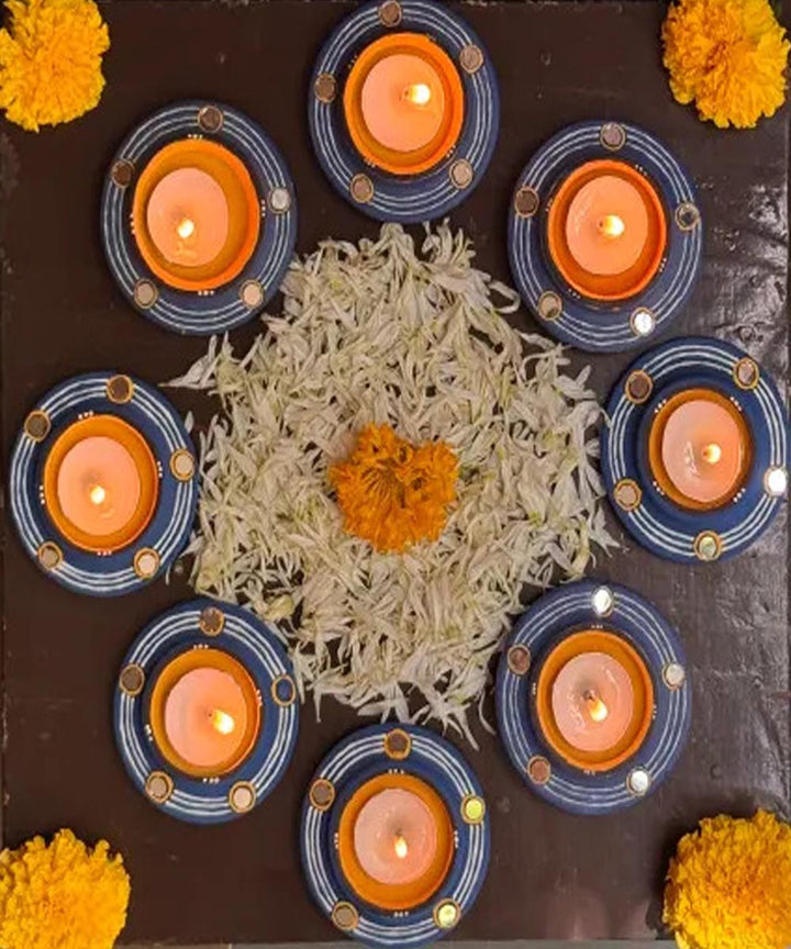 Sky Blue handcrafted decor terracotta disc diya- Set of 8