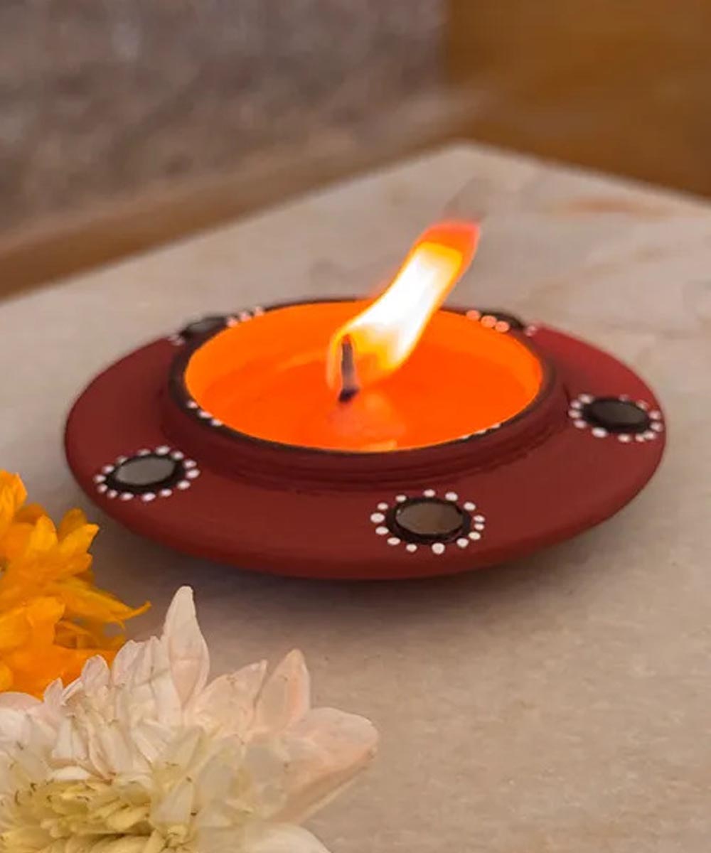Brown handcrafted decor terracotta disc diya- Set of 8