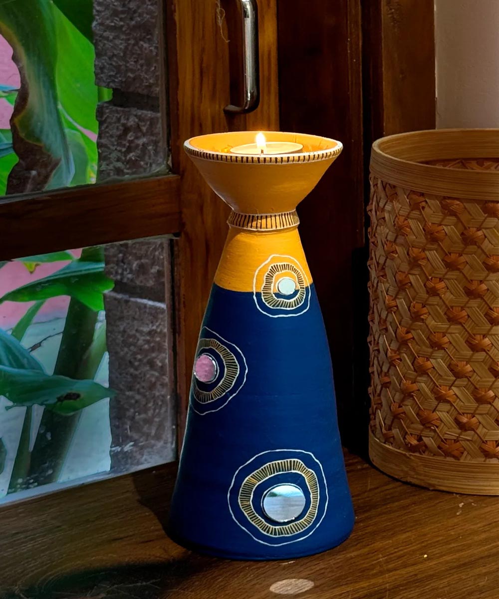 Cyan Blue handcrafted decor terracotta long diya