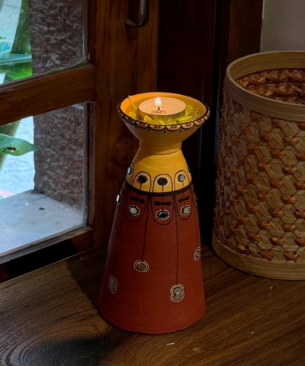 Brown handcrafted decor terracotta long diya