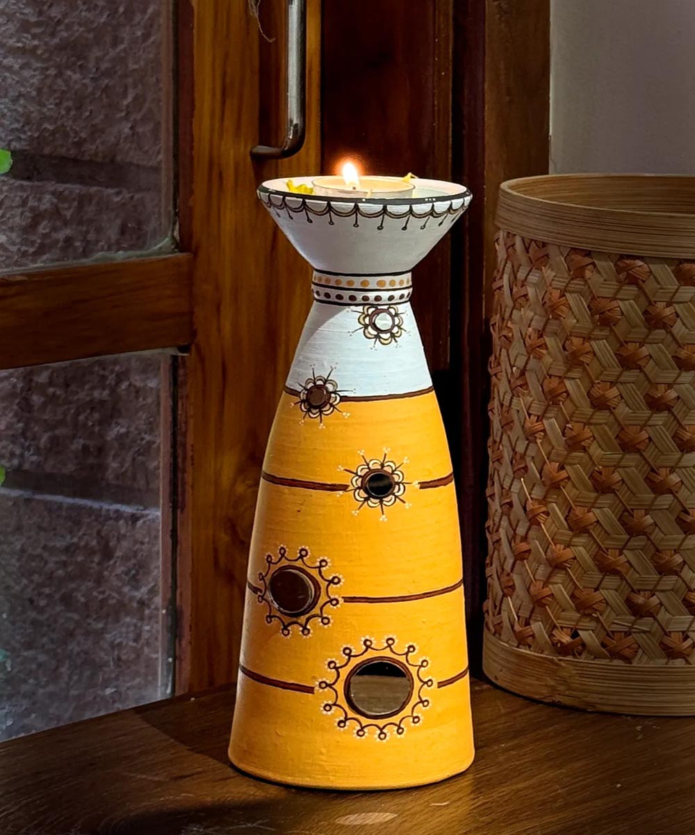 Yellow handcrafted decor terracotta long diya