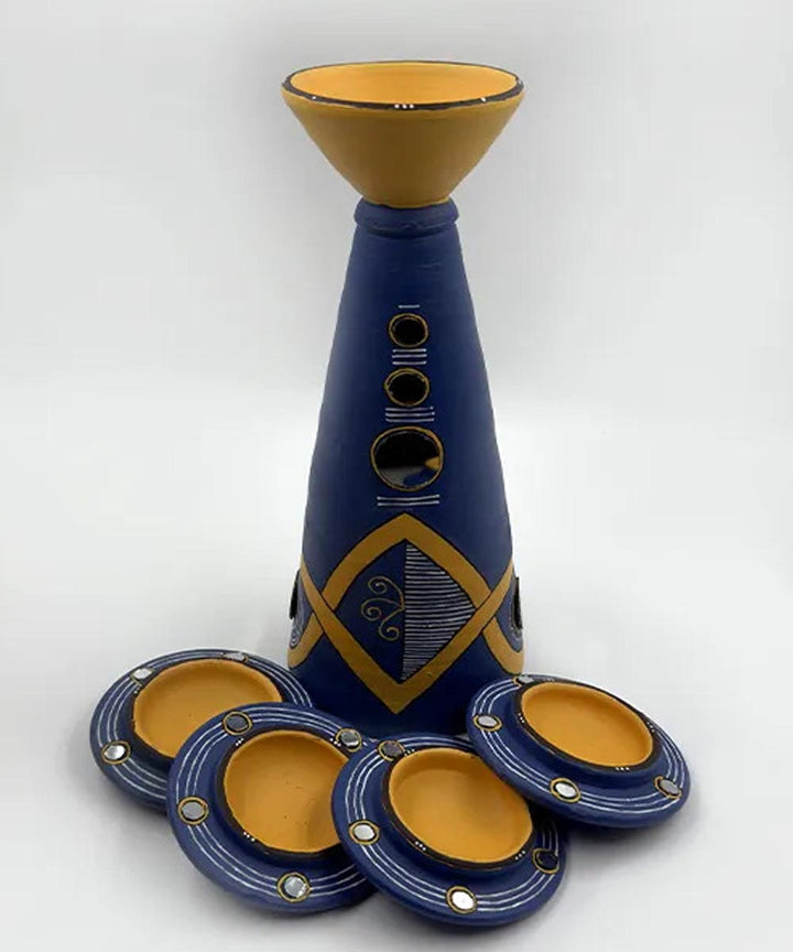 Cyan Blue handcrafted decor terracotta disc diya-Set of 5