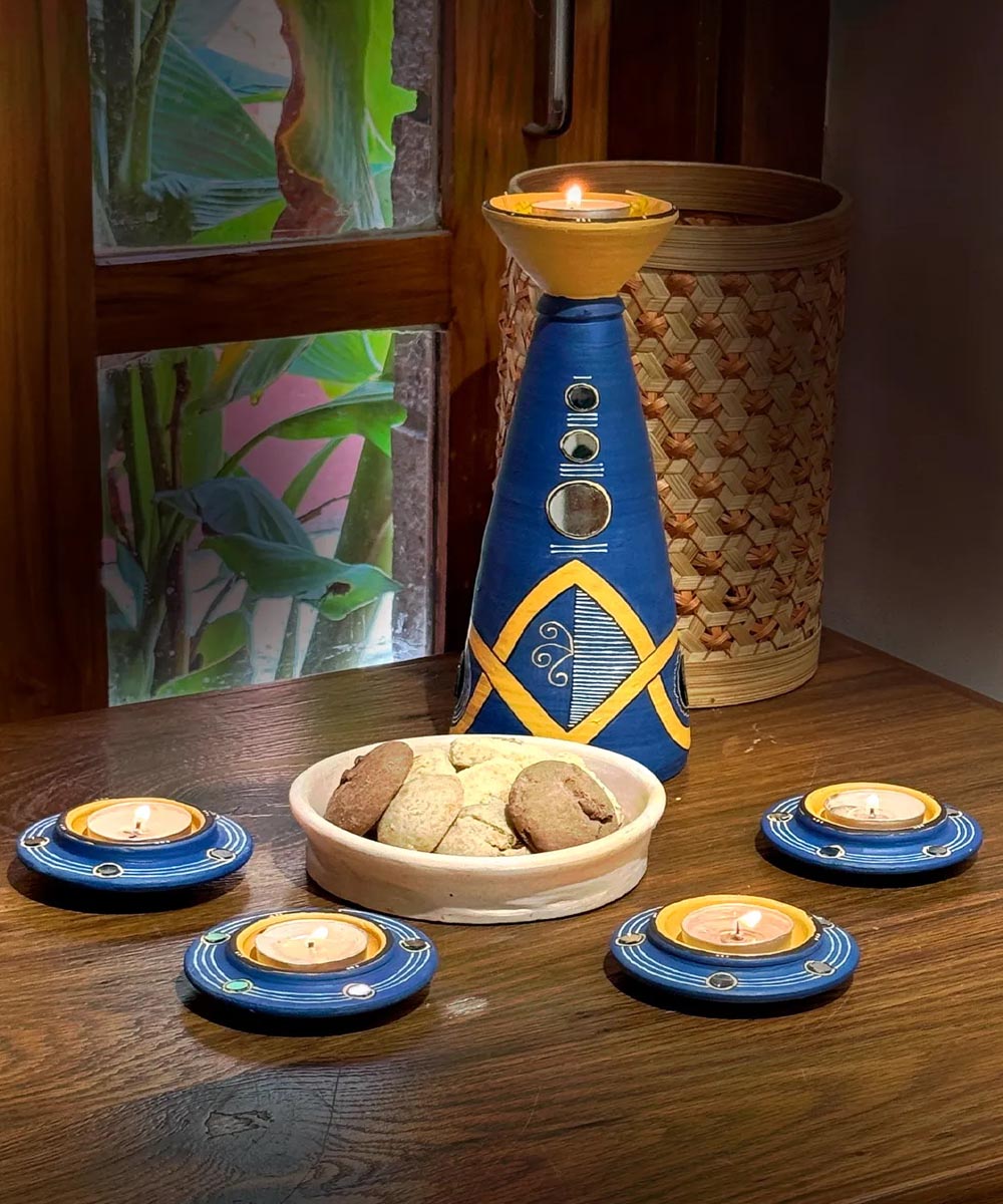 Cyan Blue handcrafted decor terracotta disc diya-Set of 5