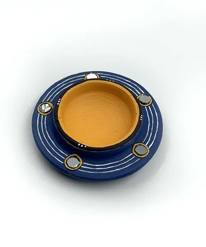 Cyan Blue handcrafted decor terracotta disc diya-Set of 5