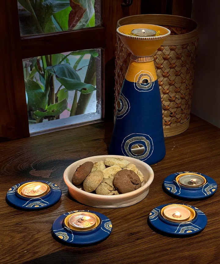 Navy Blue handcrafted decor terracotta disc diya-Set of 5