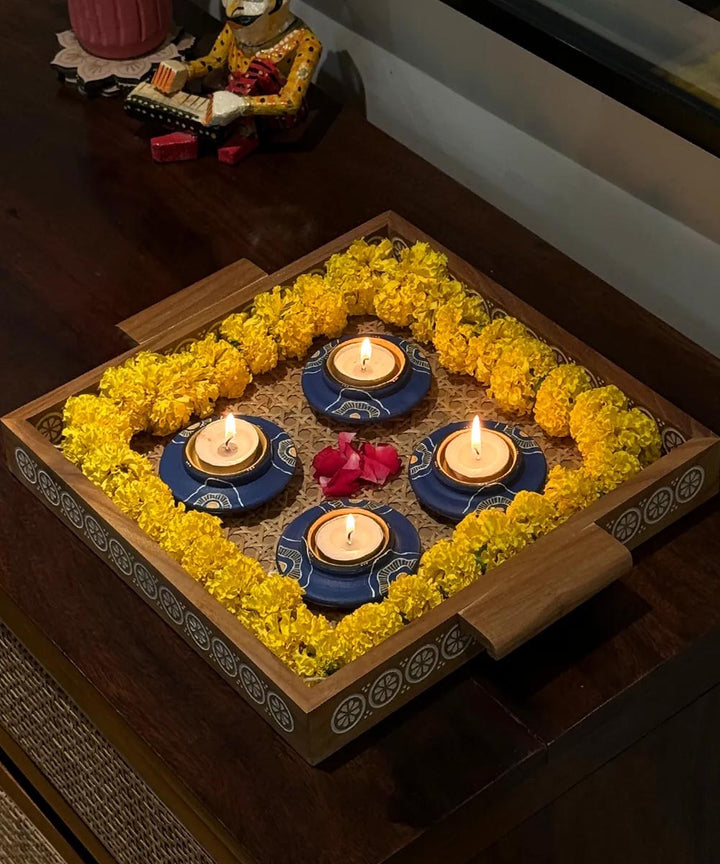 Navy Blue handcrafted decor terracotta disc diya-Set of 5