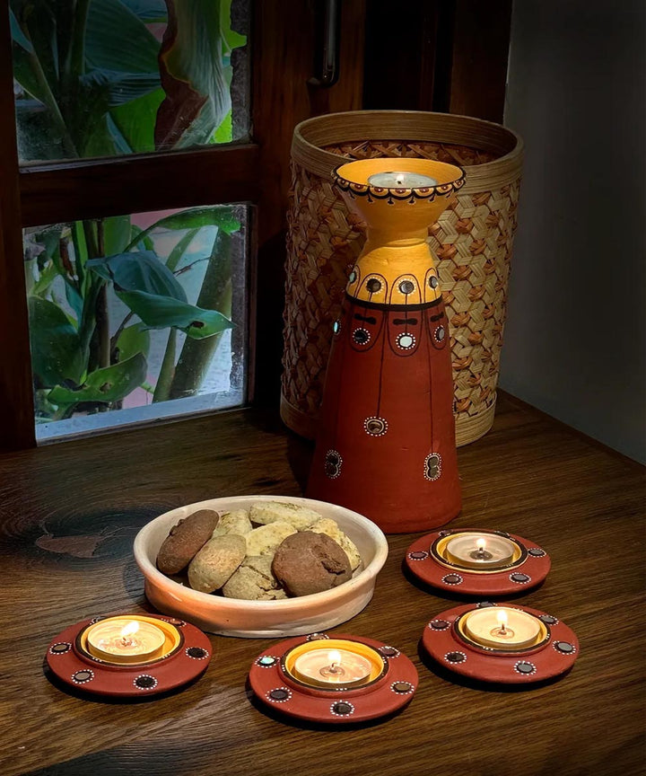 Brown handcrafted decor terracotta disc diya-Set of 5