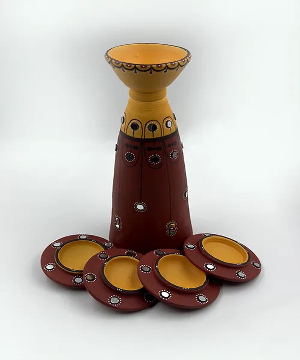 Brown handcrafted decor terracotta disc diya-Set of 5