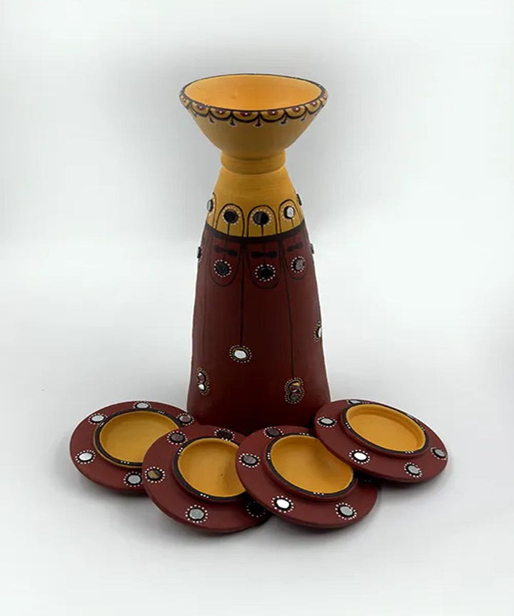 Brown handcrafted decor terracotta disc diya-Set of 5