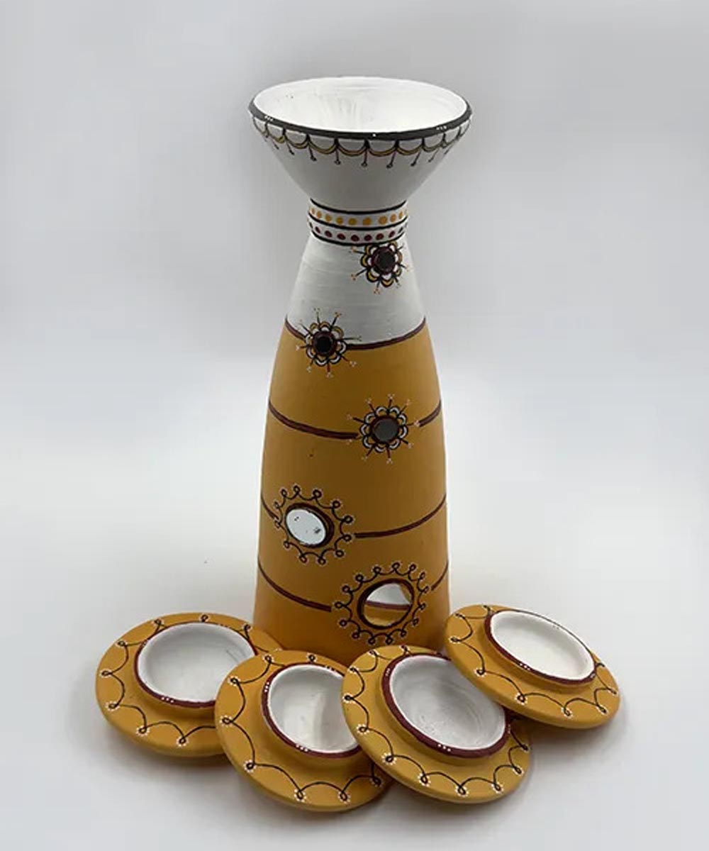 Yellow handcrafted decor terracotta disc diya-Set of 5