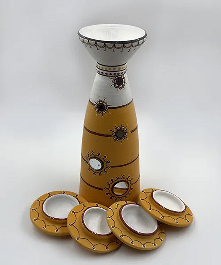 Yellow handcrafted decor terracotta disc diya-Set of 5