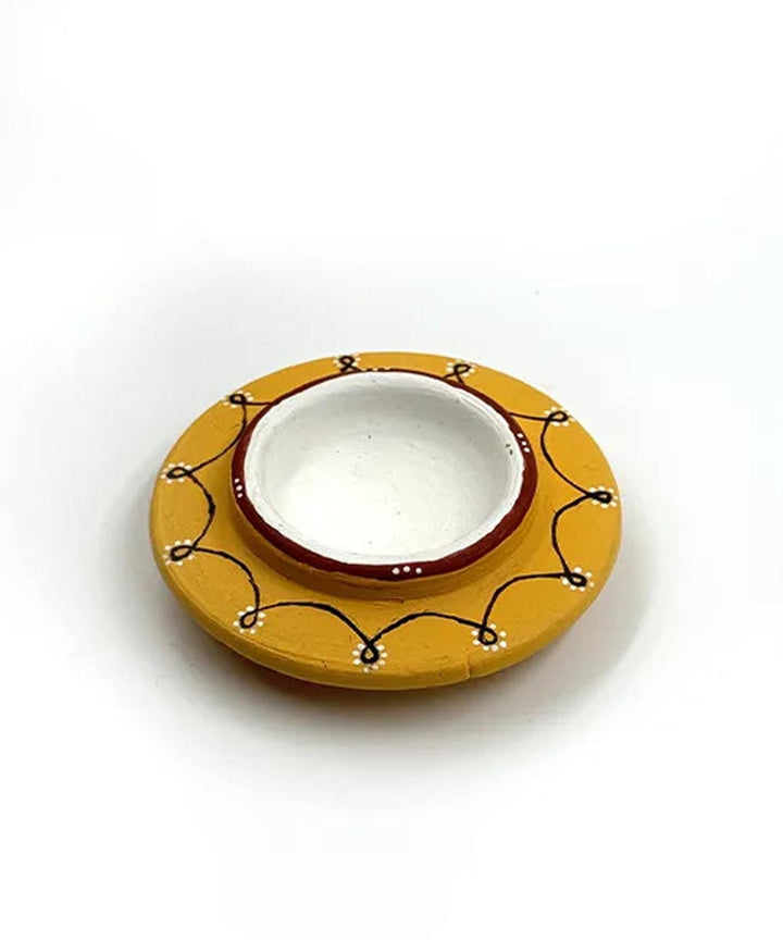 Yellow handcrafted decor terracotta disc diya-Set of 5