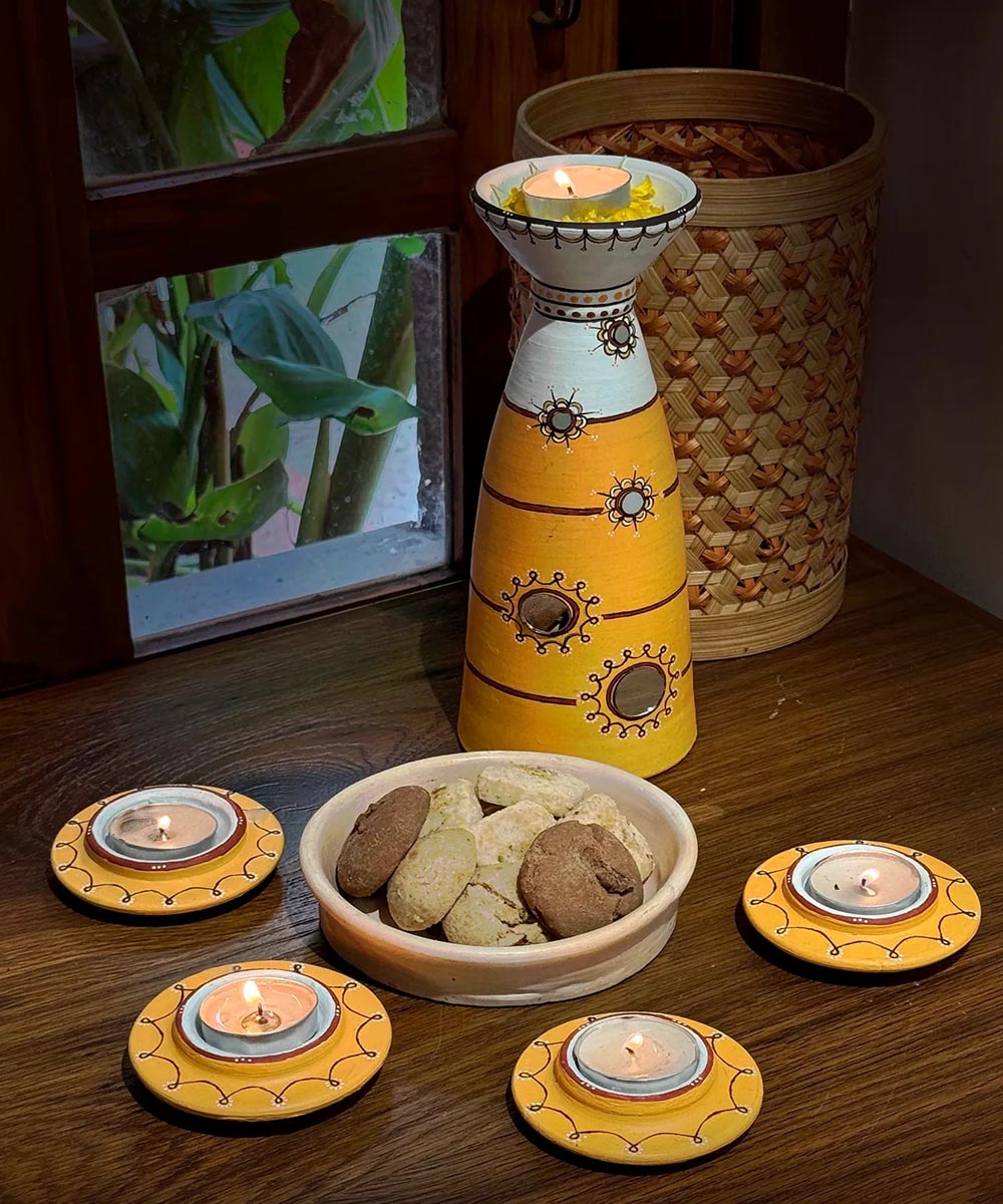 Yellow handcrafted decor terracotta disc diya-Set of 5